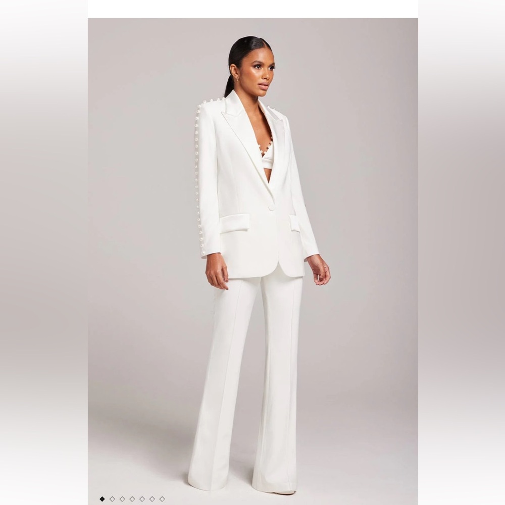 NADINE MERABI Ivory Pearl-Trim Blazer with Wide-Leg Trousers